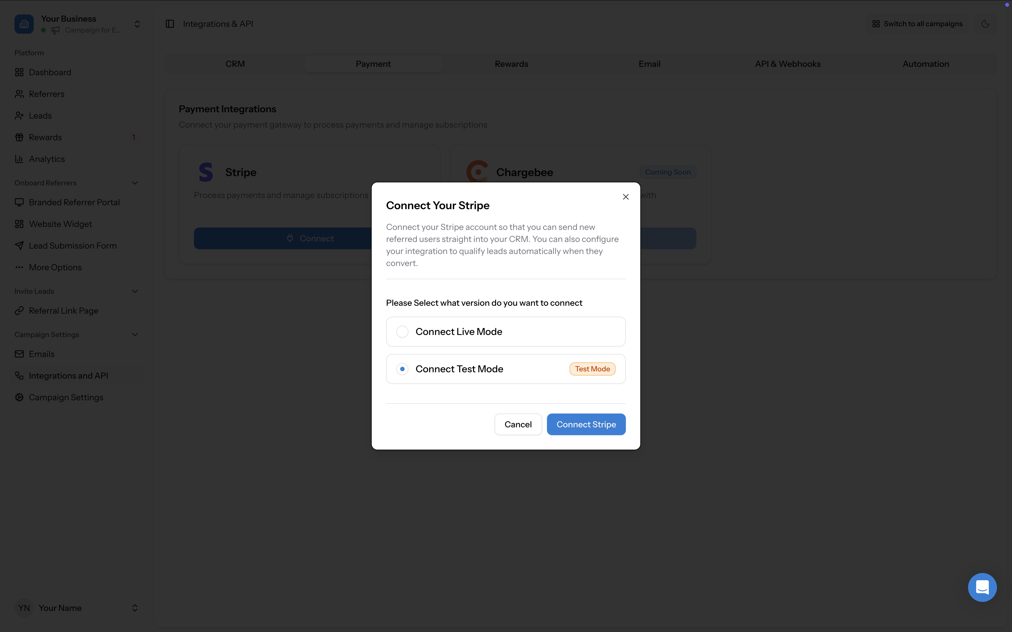 Payment tab showing Stripe tile with Connect button