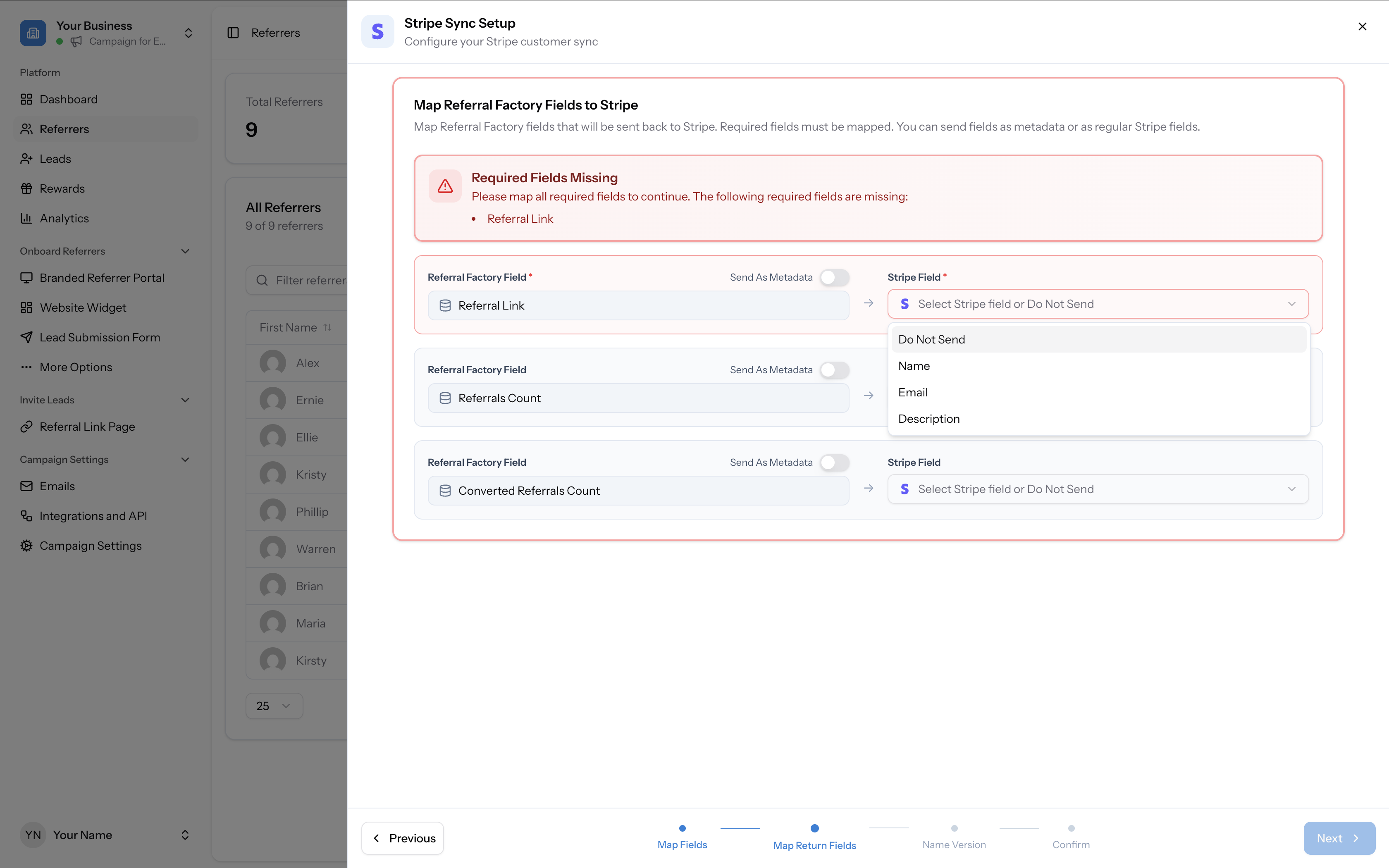 Map Return Fields showing the Stripe field dropdown with options: Do Not Send, Name, Email, Description