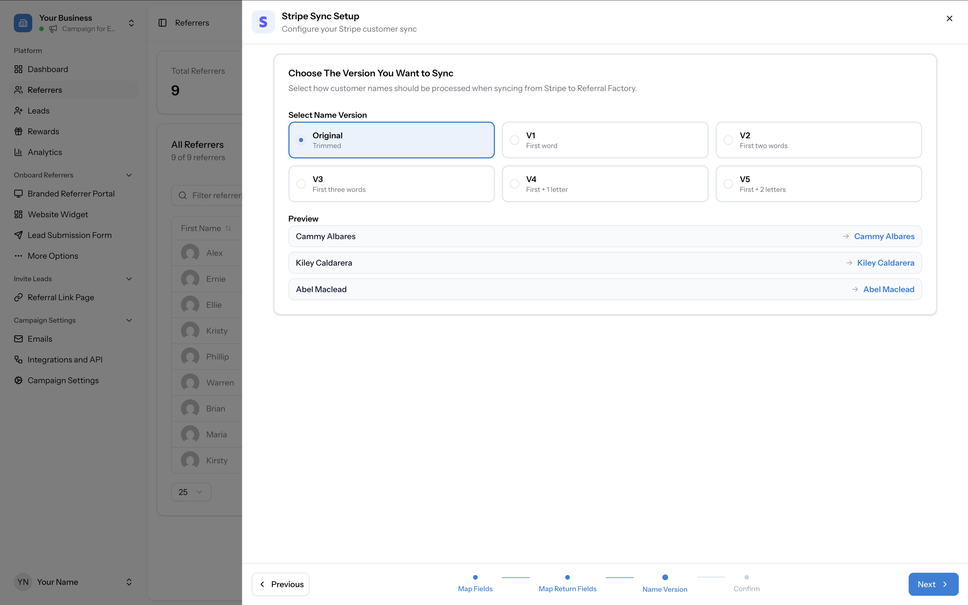 Name Version selection with Original selected and preview showing formatted names