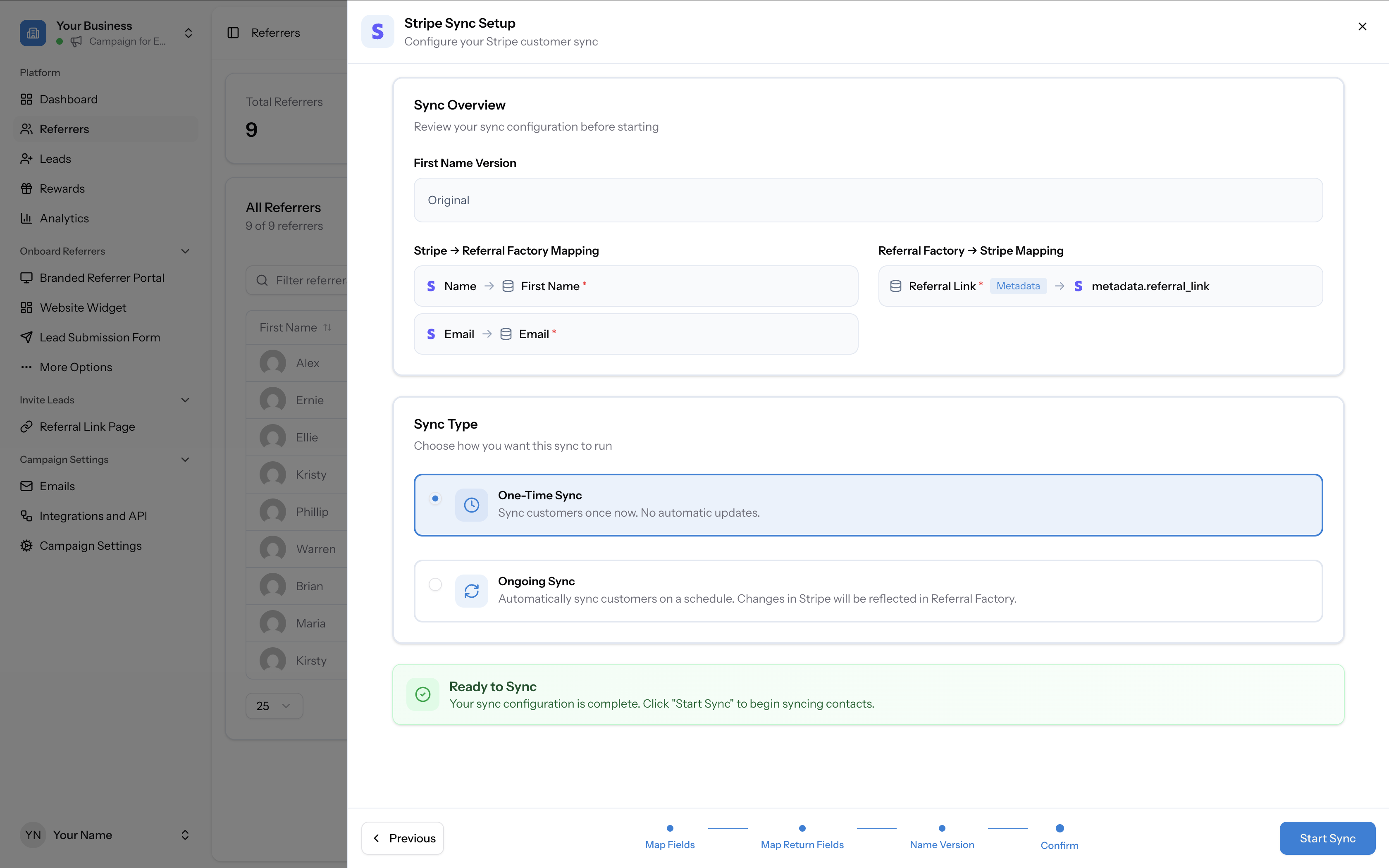 Sync Overview showing field mappings, sync type options (One-Time selected), and Ready to Sync confirmation