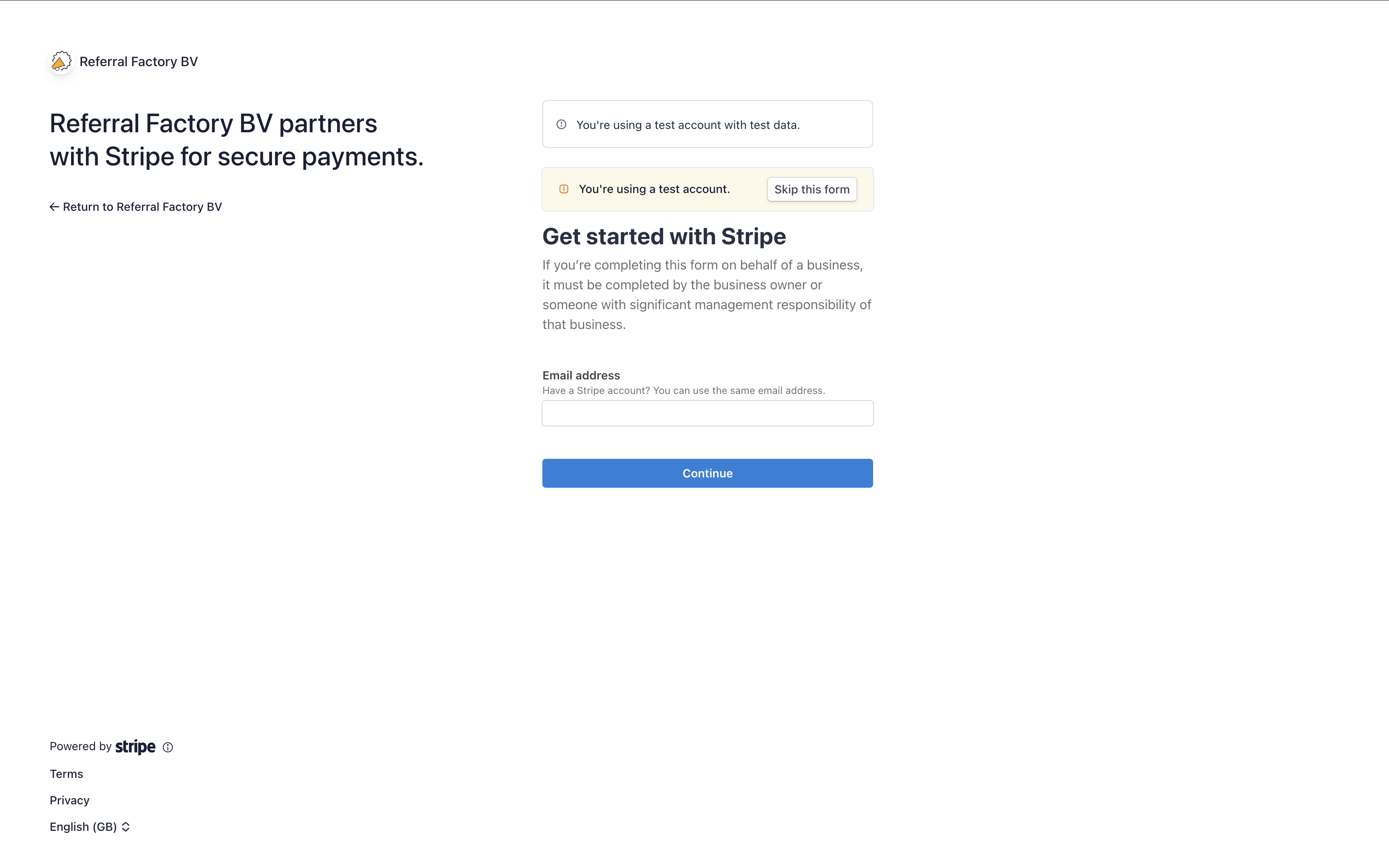 Stripe's OAuth page asking for your email address