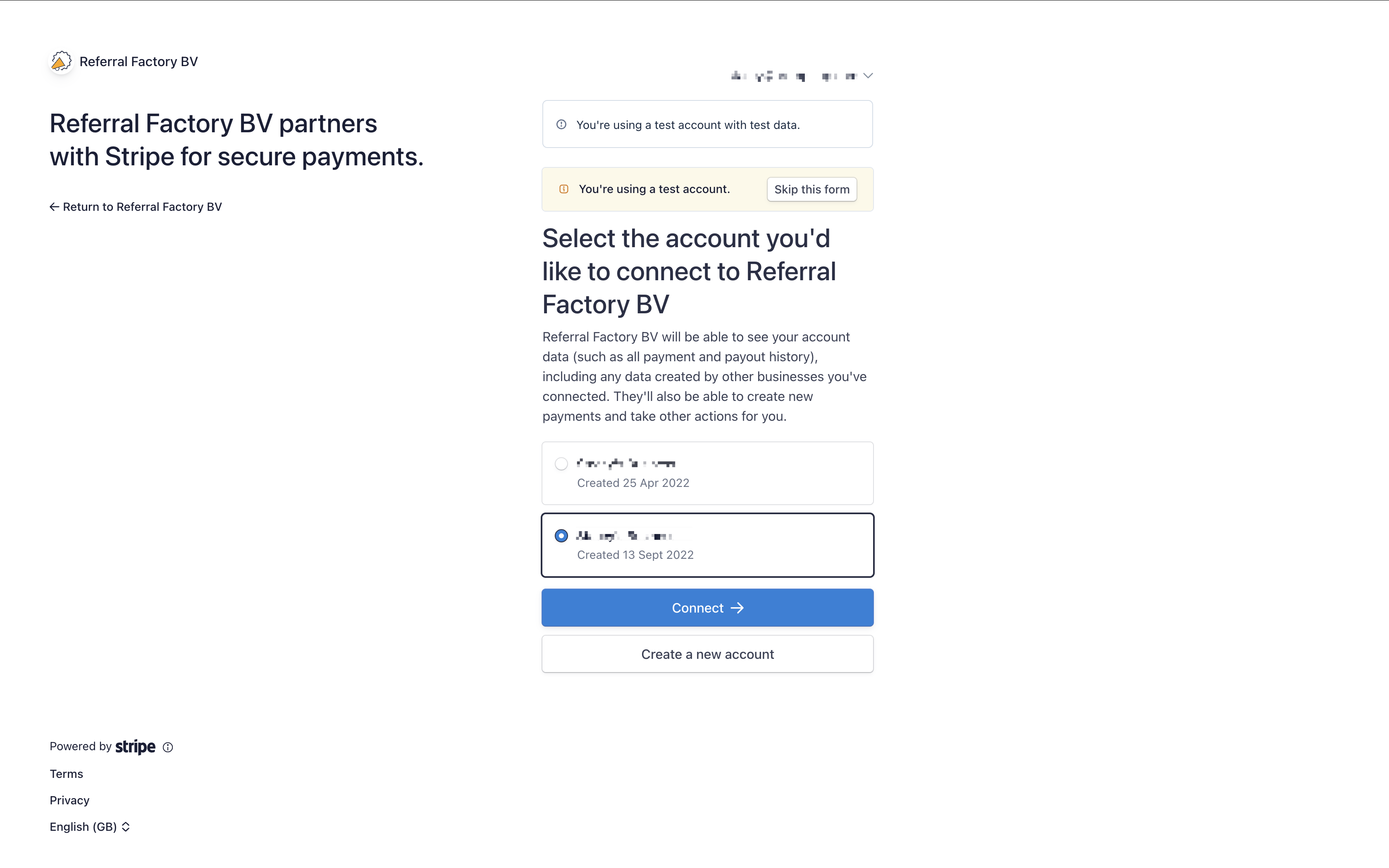 Select the Stripe account to connect to Referral Factory