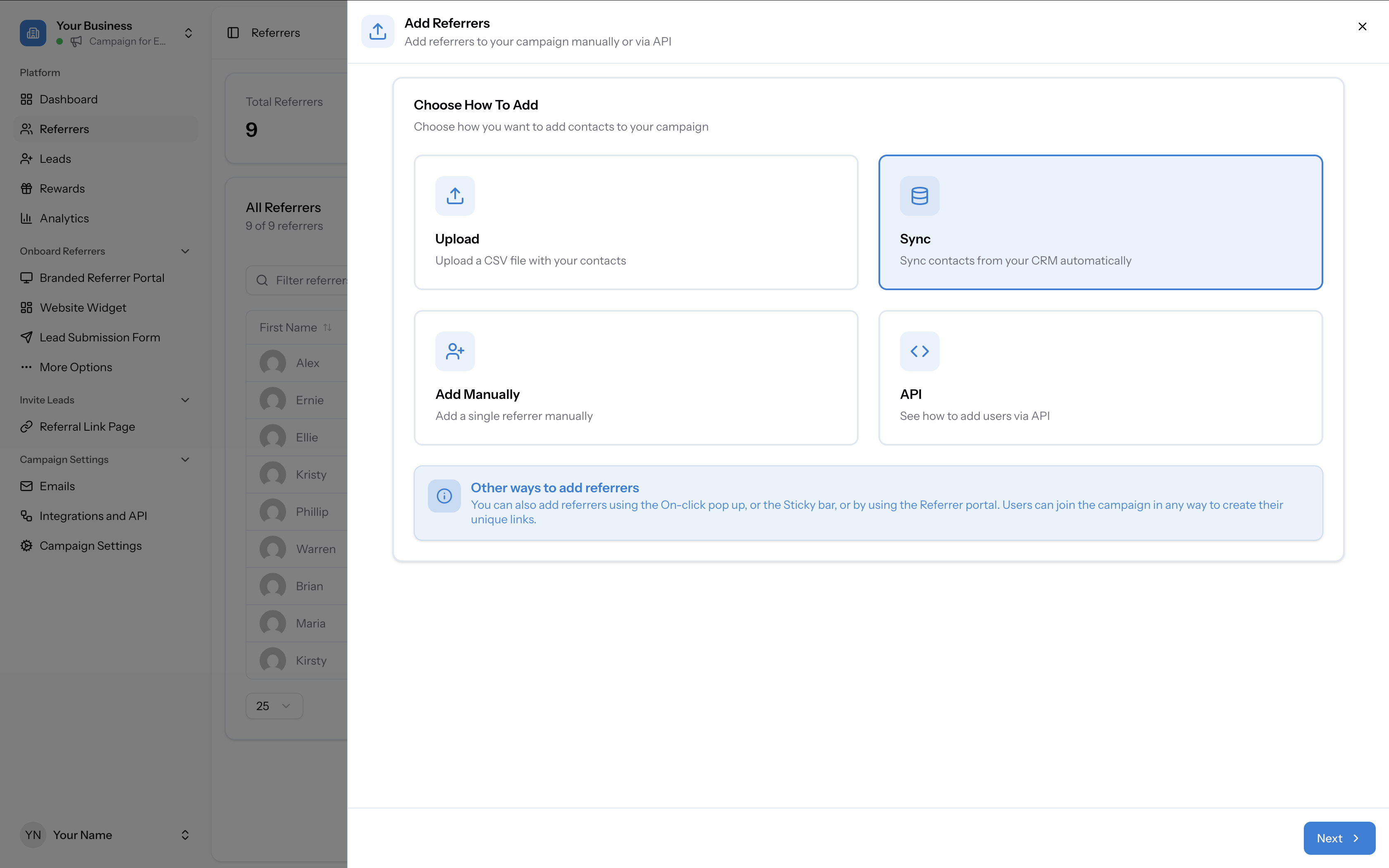 Add Referrers modal showing Upload, Sync, Add Manually, and API options