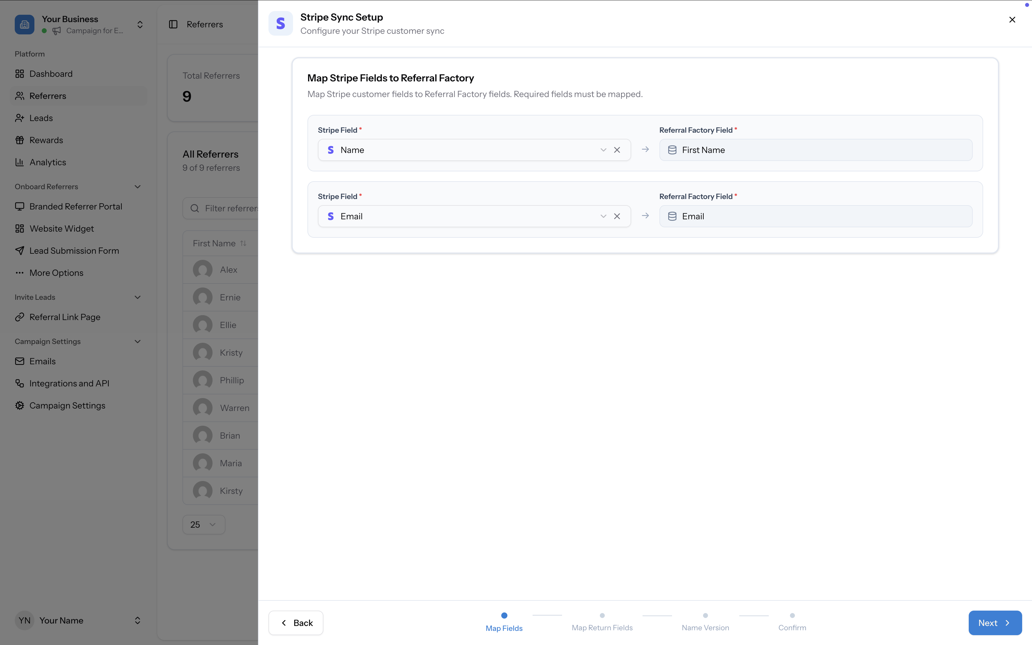 Map Stripe Fields to Referral Factory showing Name → First Name and Email → Email mappings