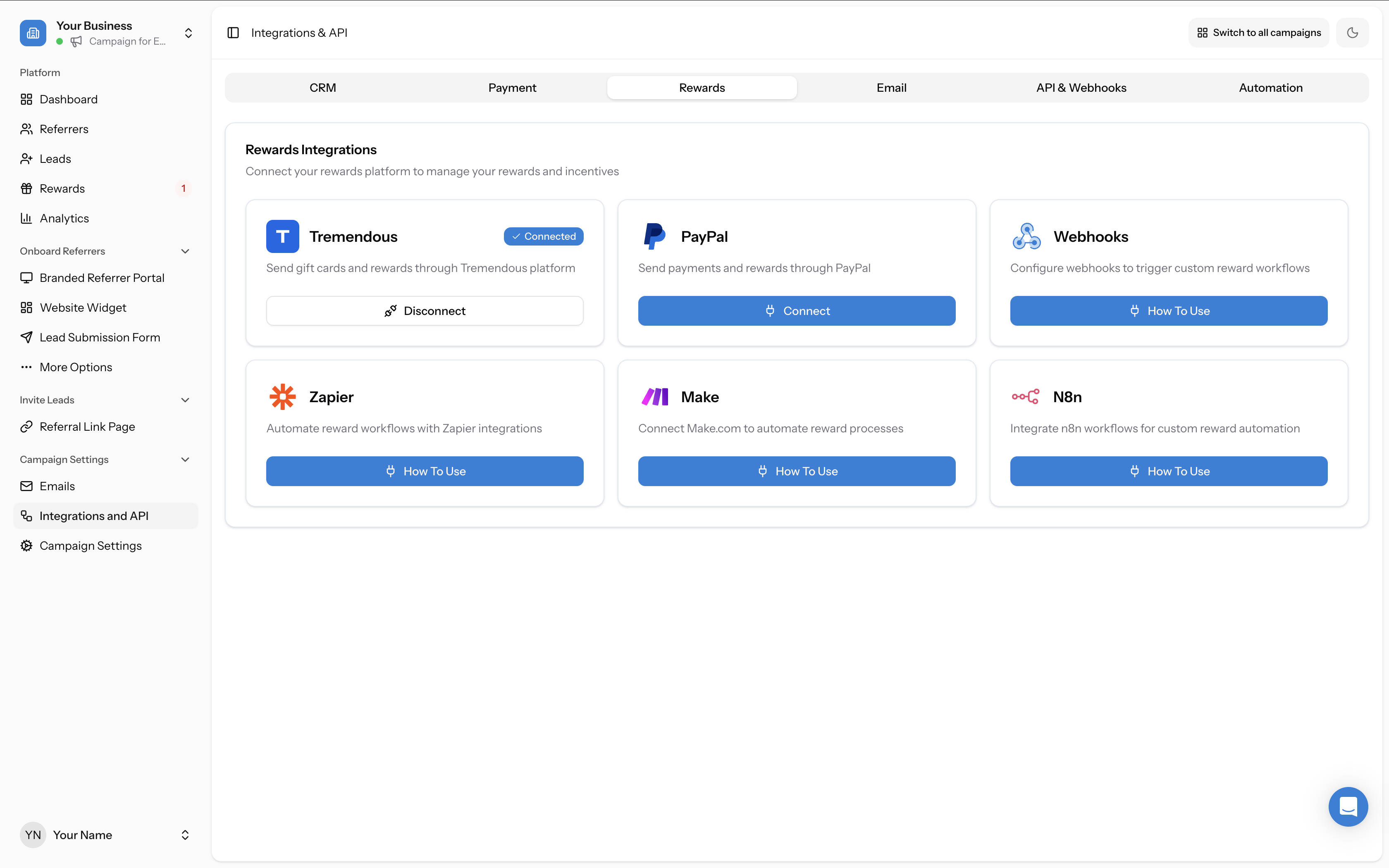 Rewards tab in Integrations &amp; API showing Tremendous with "Connected" badge