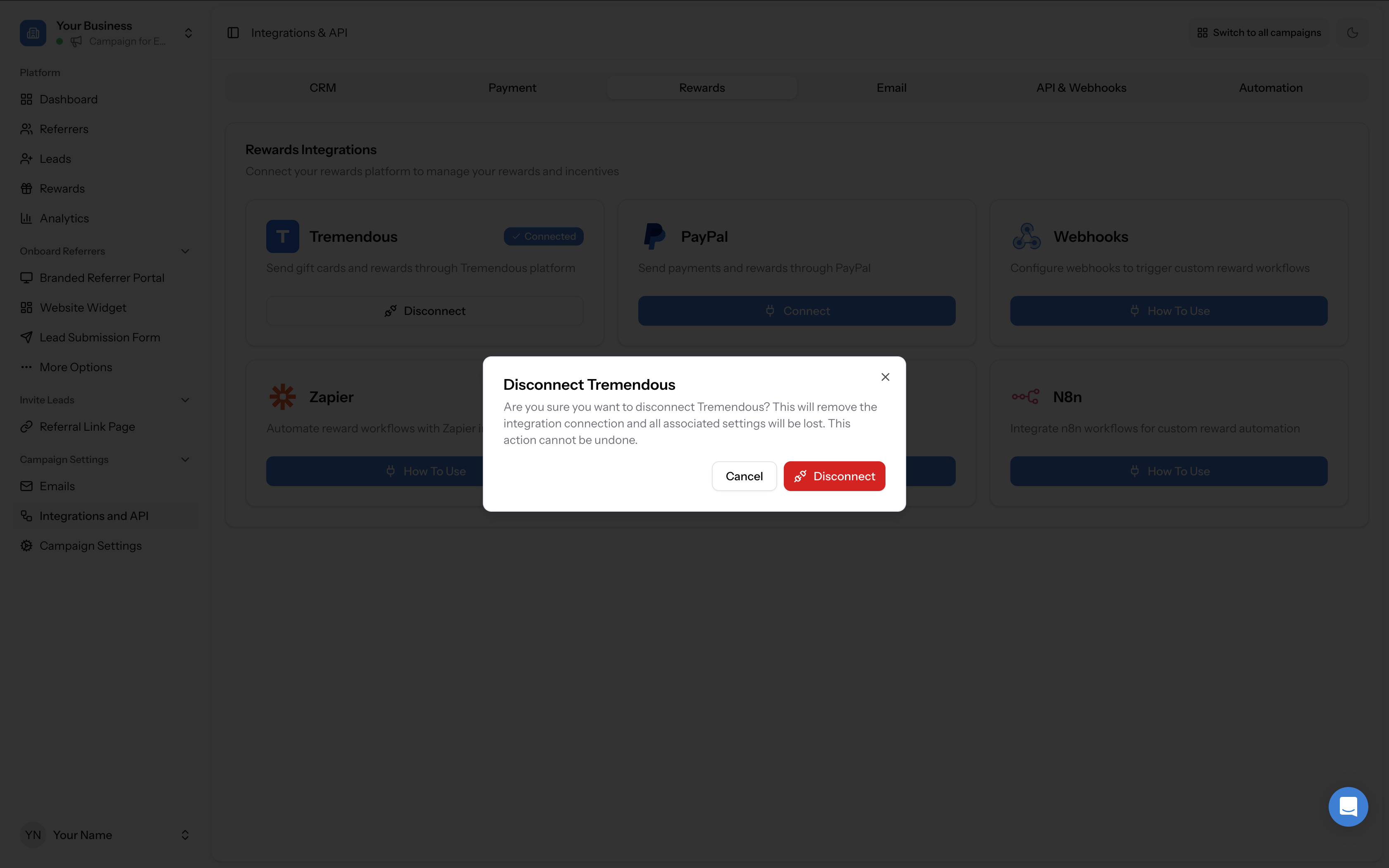 Disconnect Tremendous confirmation modal warning that the action cannot be undone