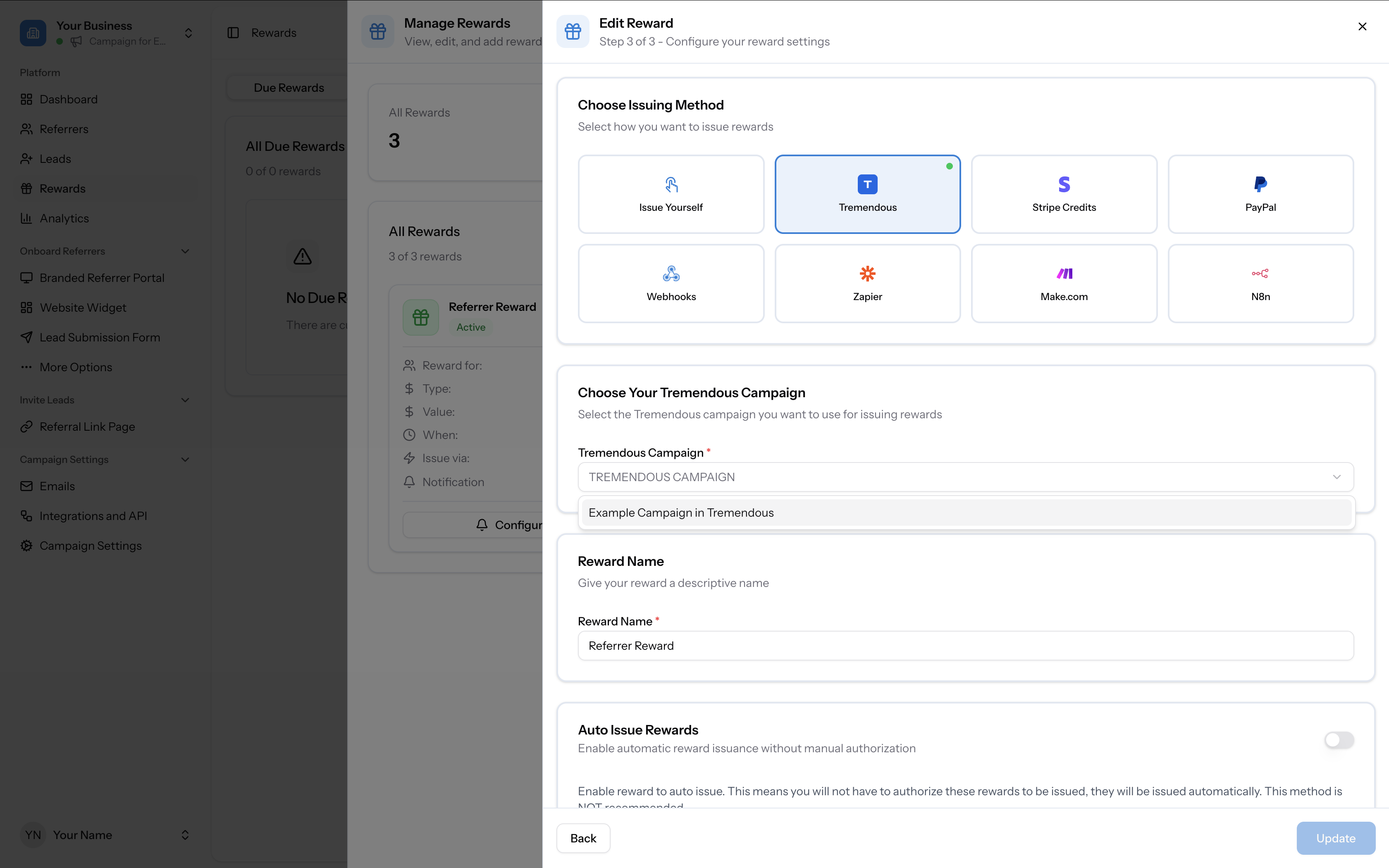 Tremendous Campaign dropdown open in Step 3 of reward setup, showing a list of available campaigns