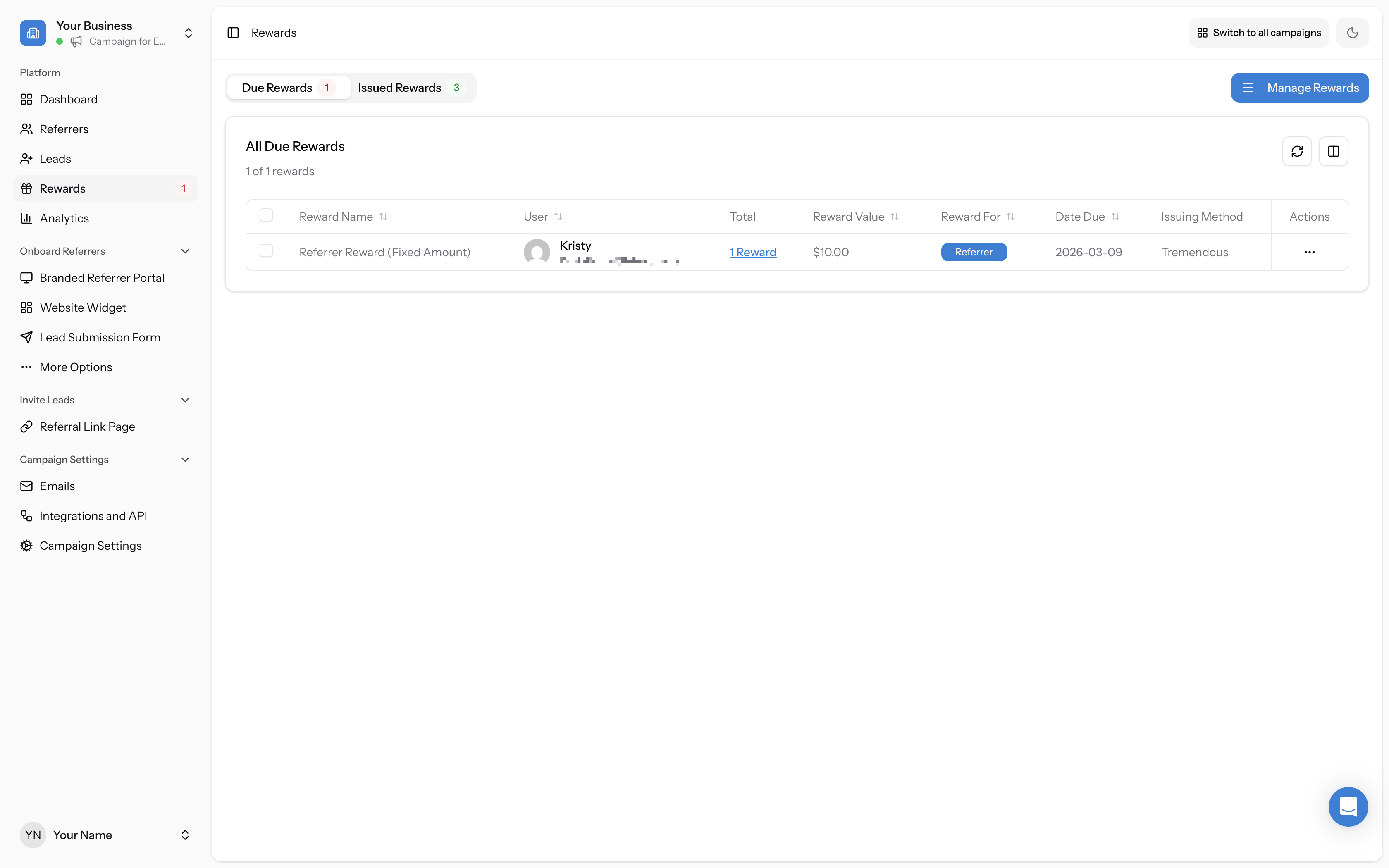 Due Rewards tab showing a pending reward with Issuing Method "Tremendous"