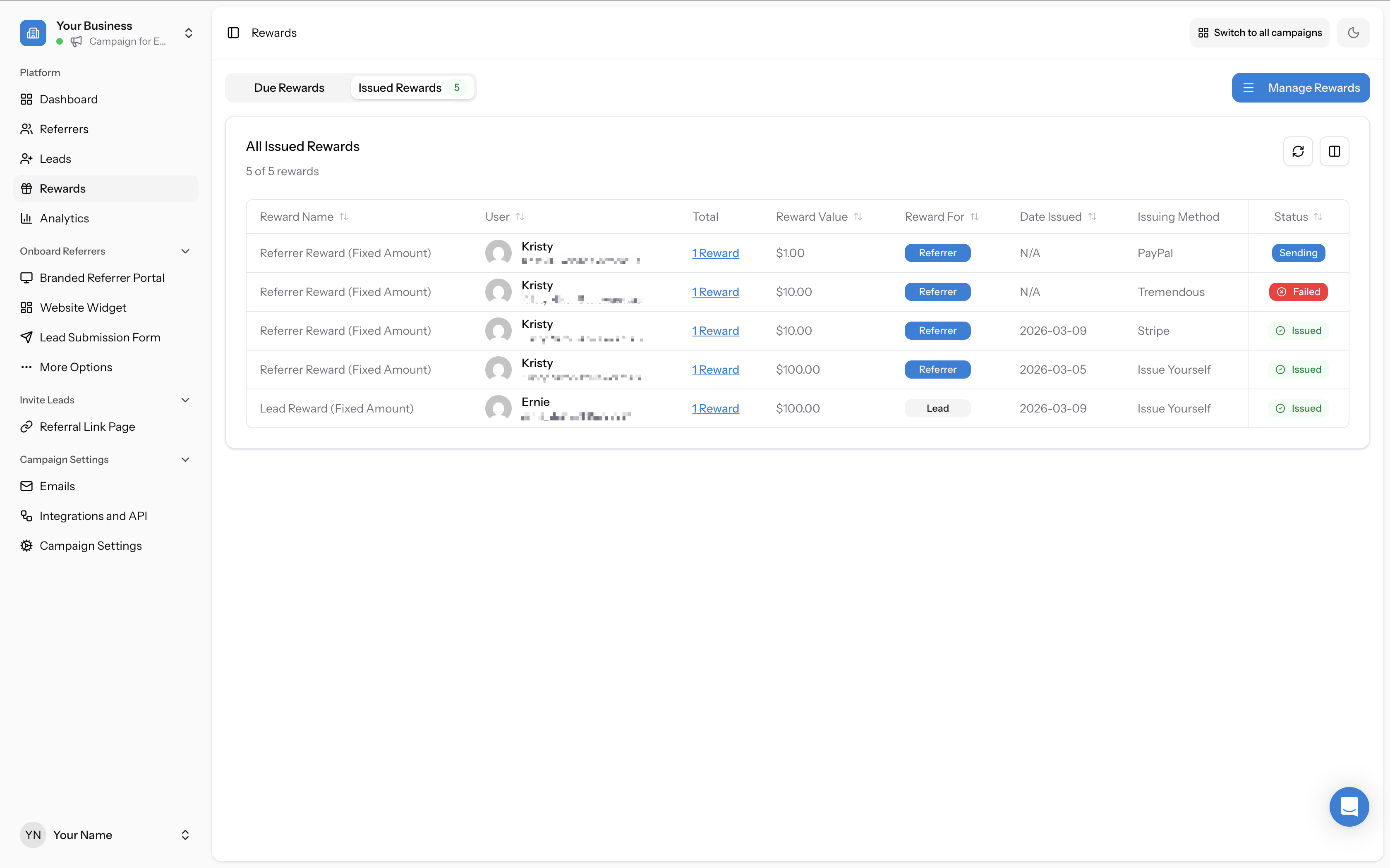 Issued Rewards tab showing rewards with different statuses including a Tremendous reward with "Failed" badge