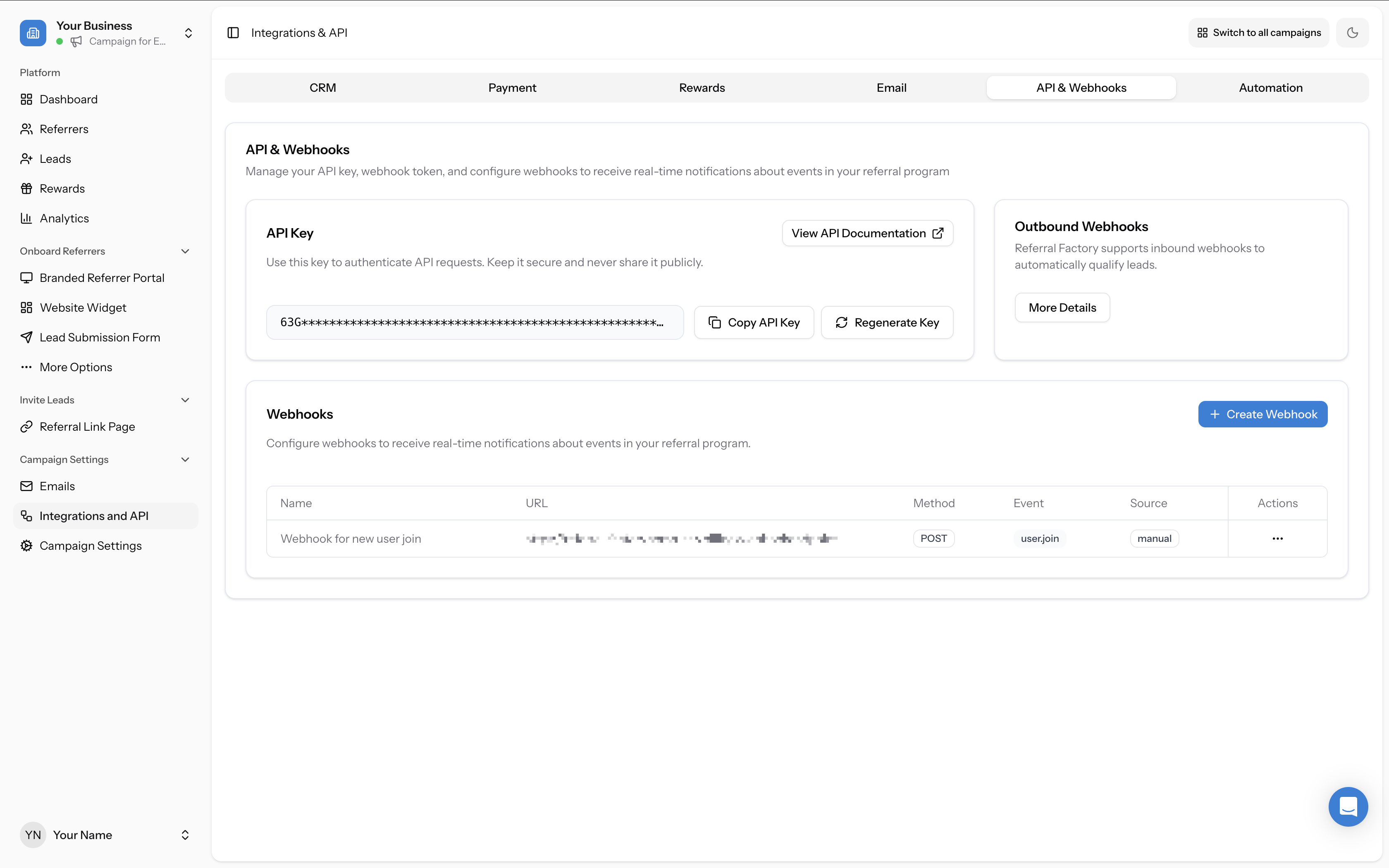Full API &amp; Webhooks tab showing API Key section, Outbound Webhooks with "More Details" button, Webhooks table with existing webhook, and + Create Webhook button
