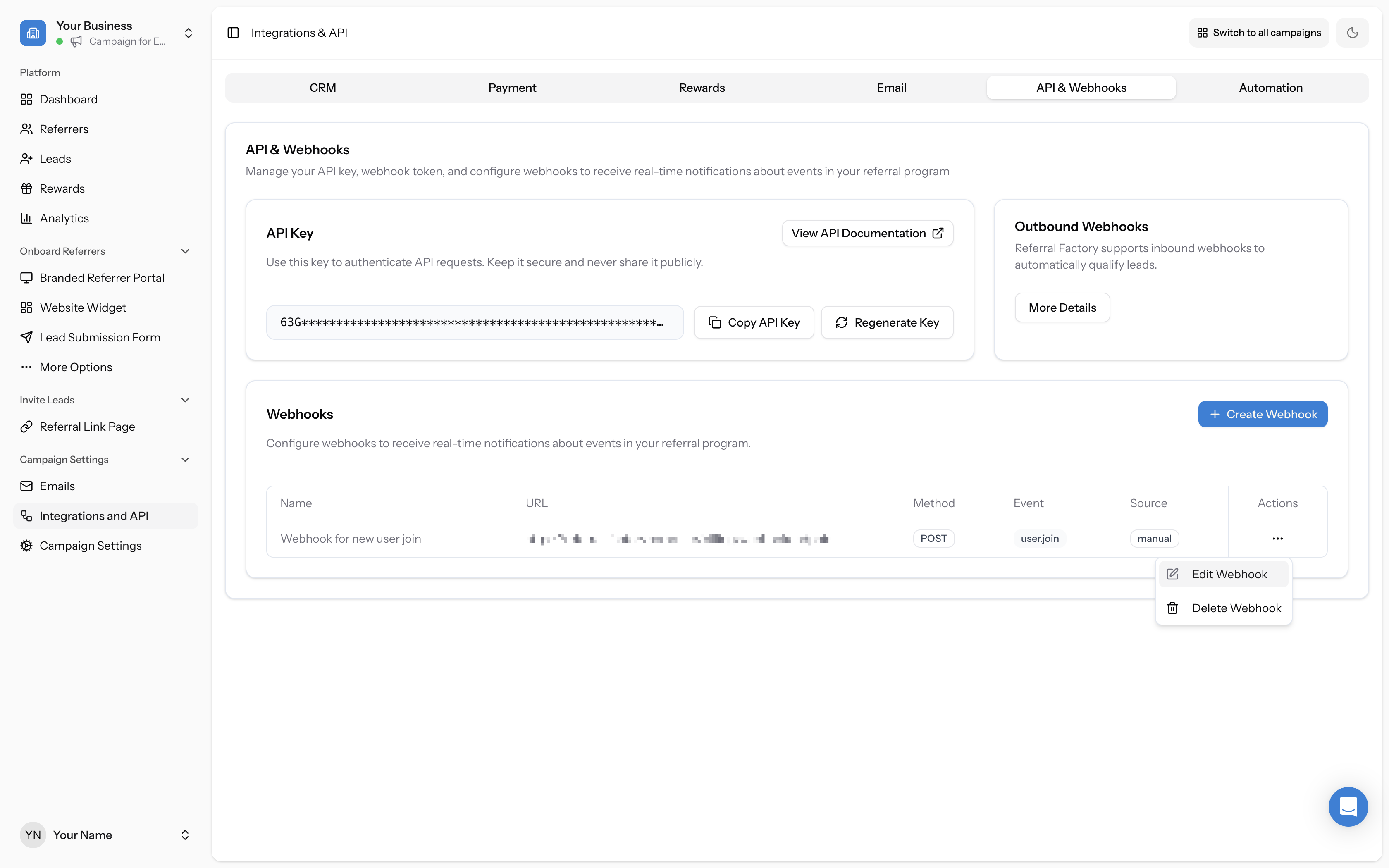 Three-dots action menu on a webhook row showing Edit Webhook and Delete Webhook options