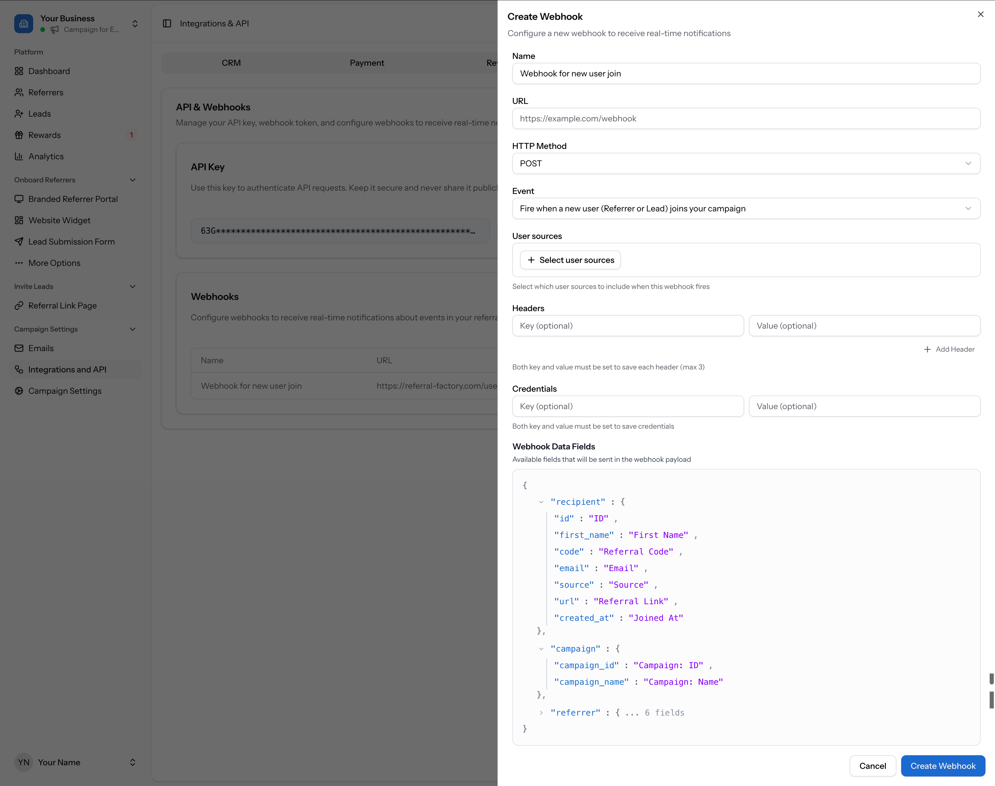 Create Webhook modal showing form fields — Name, URL, HTTP Method, Event, User sources, Headers, Credentials, and Webhook Data Fields