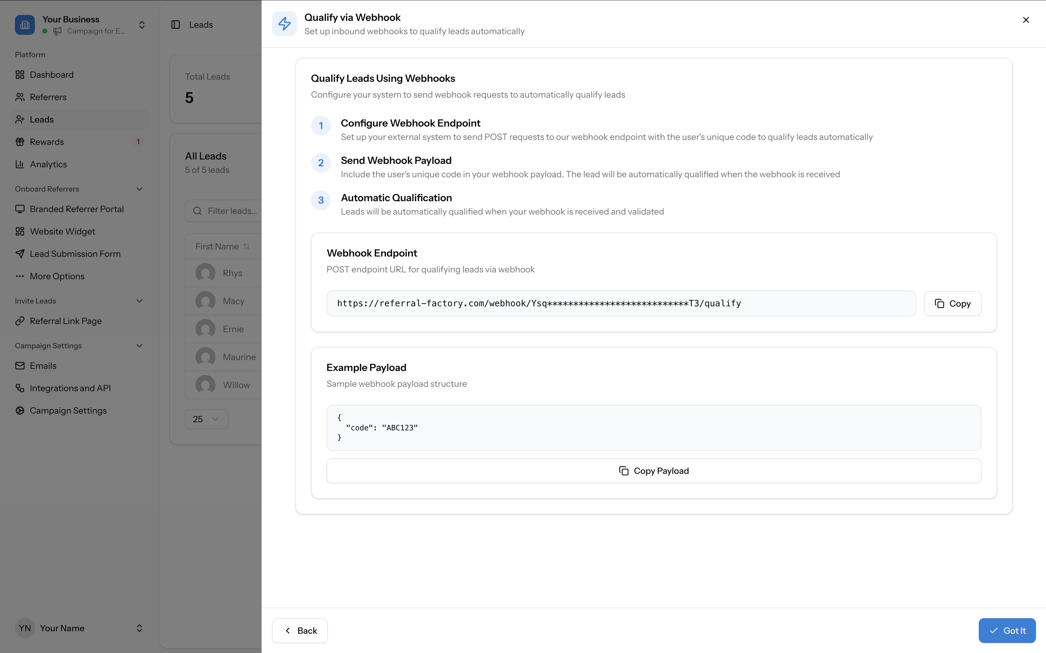 Qualify via Webhook modal showing webhook endpoint URL, example payload, and Copy Payload button