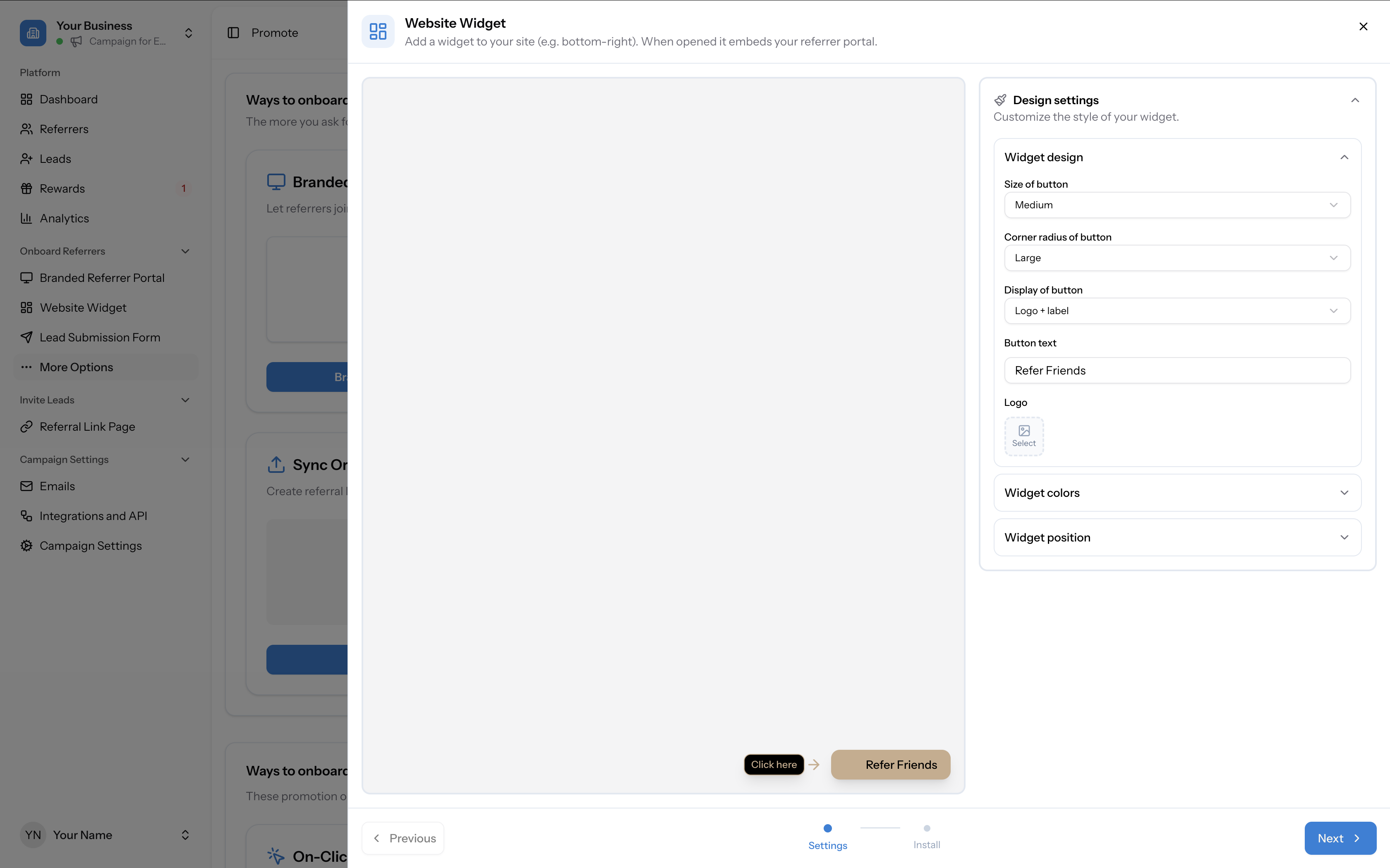 Website Widget configuration showing the Settings step with the widget button preview and Design settings panel