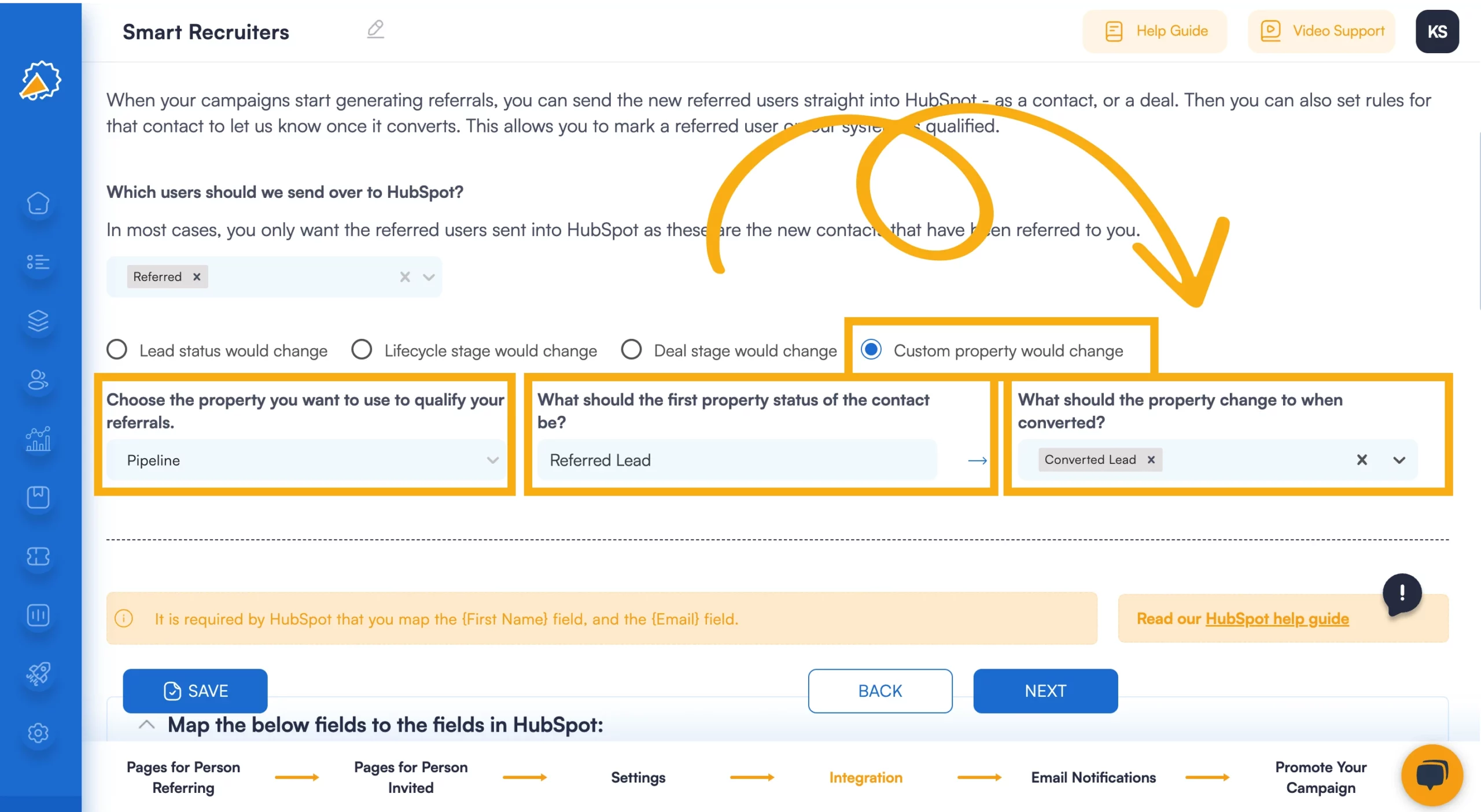 referral software that integrates with hubspot qualify by custom property