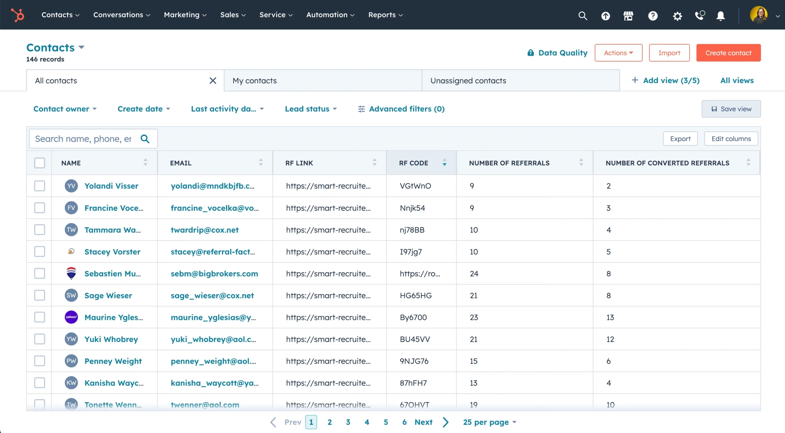 hubspot crm showing referral metrics