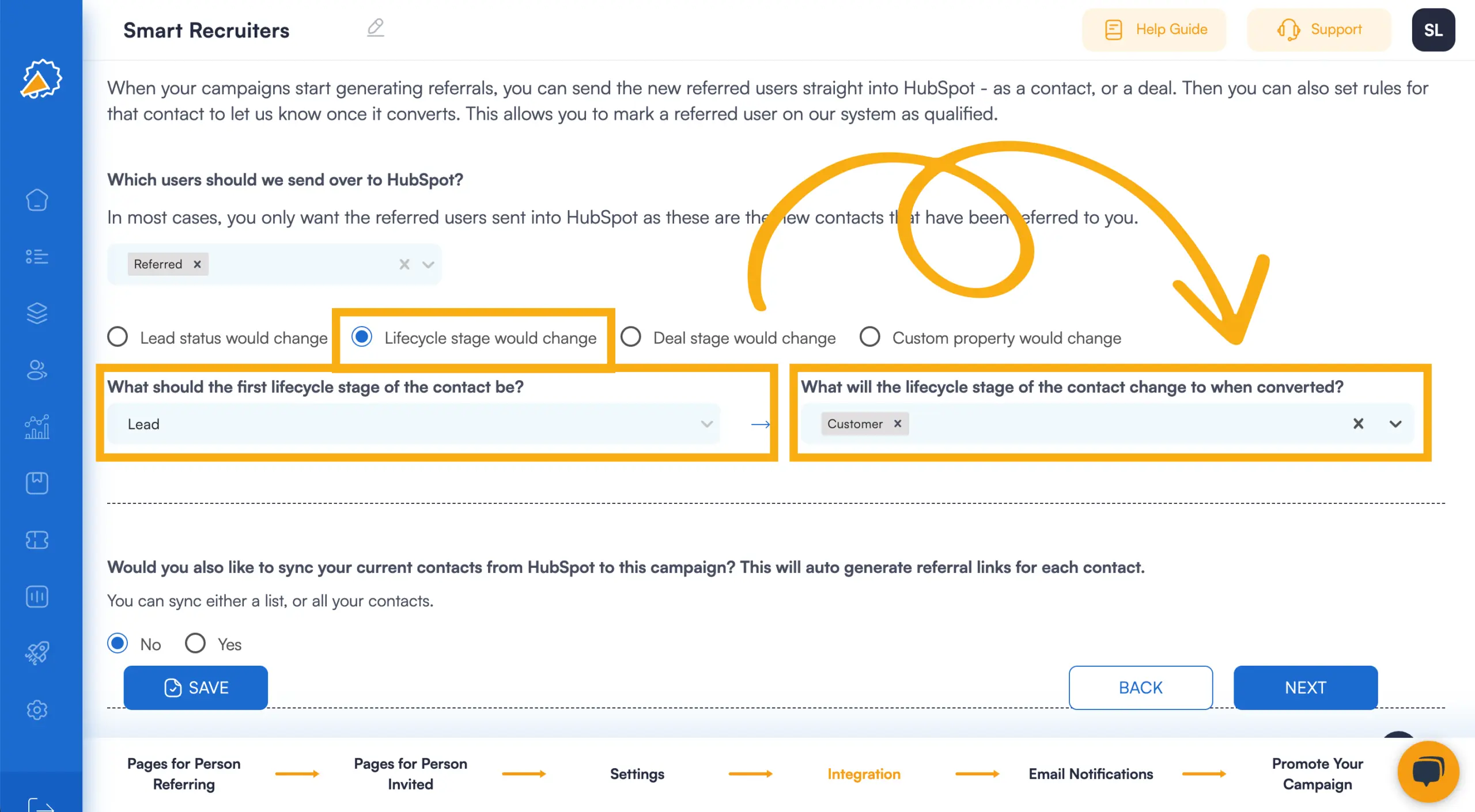 referral software that integrates with hubspot qualify by lifecycle stage