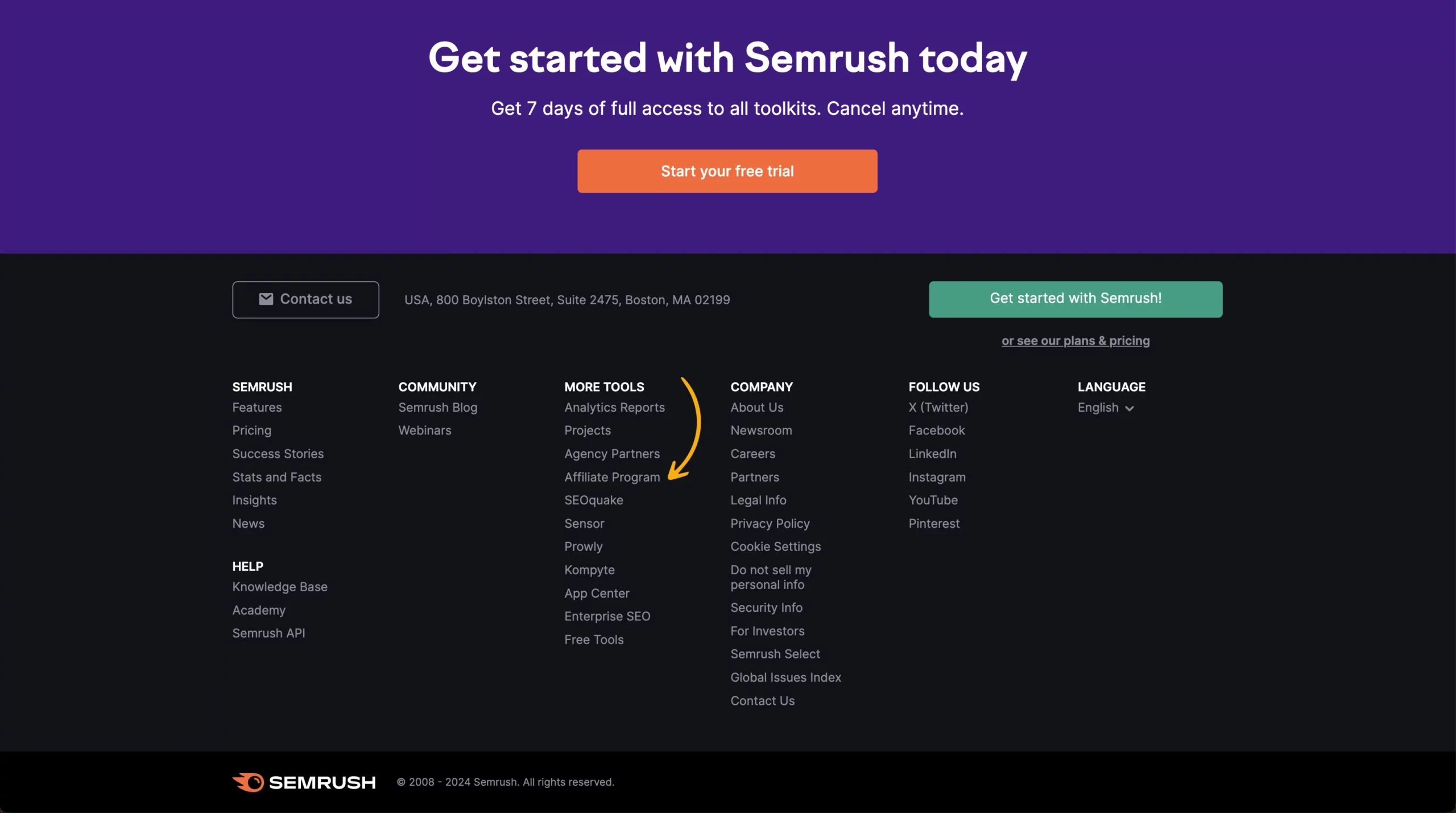 semrush affiliate program footer website