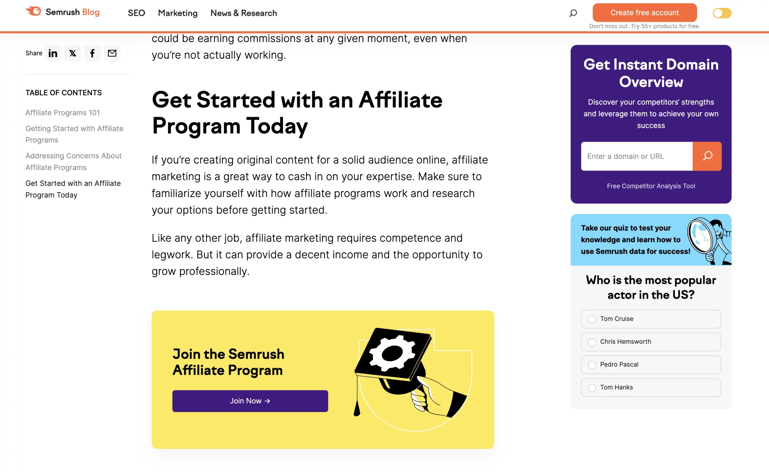 semrush blog popup affiliate marketing program