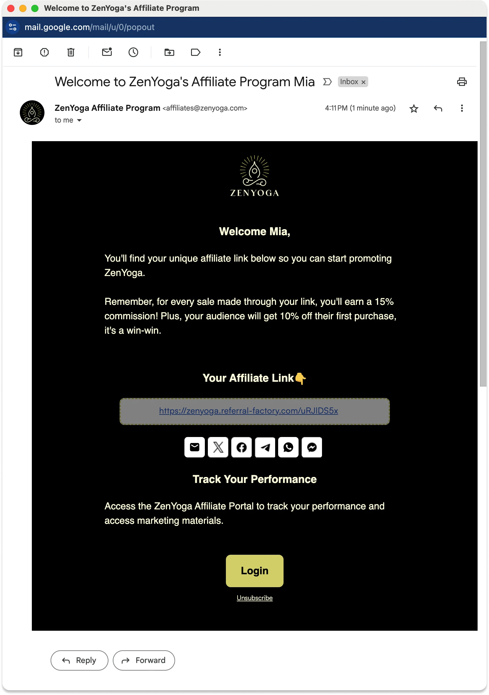 welcome email affiliate program example zenyoga 