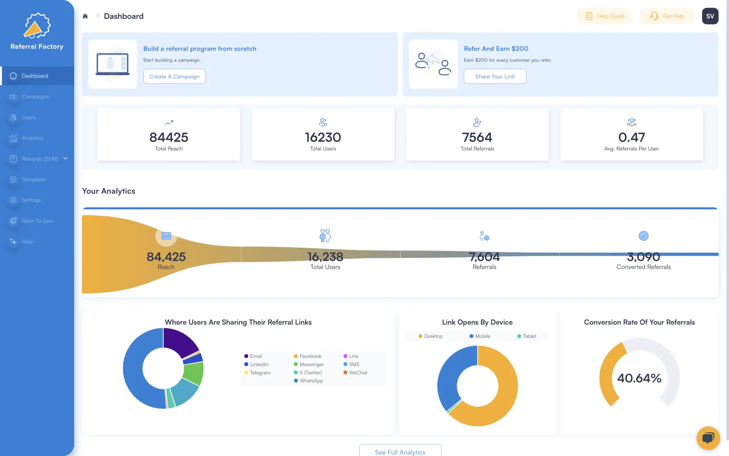 affiliate marketing software referral factory dashboard