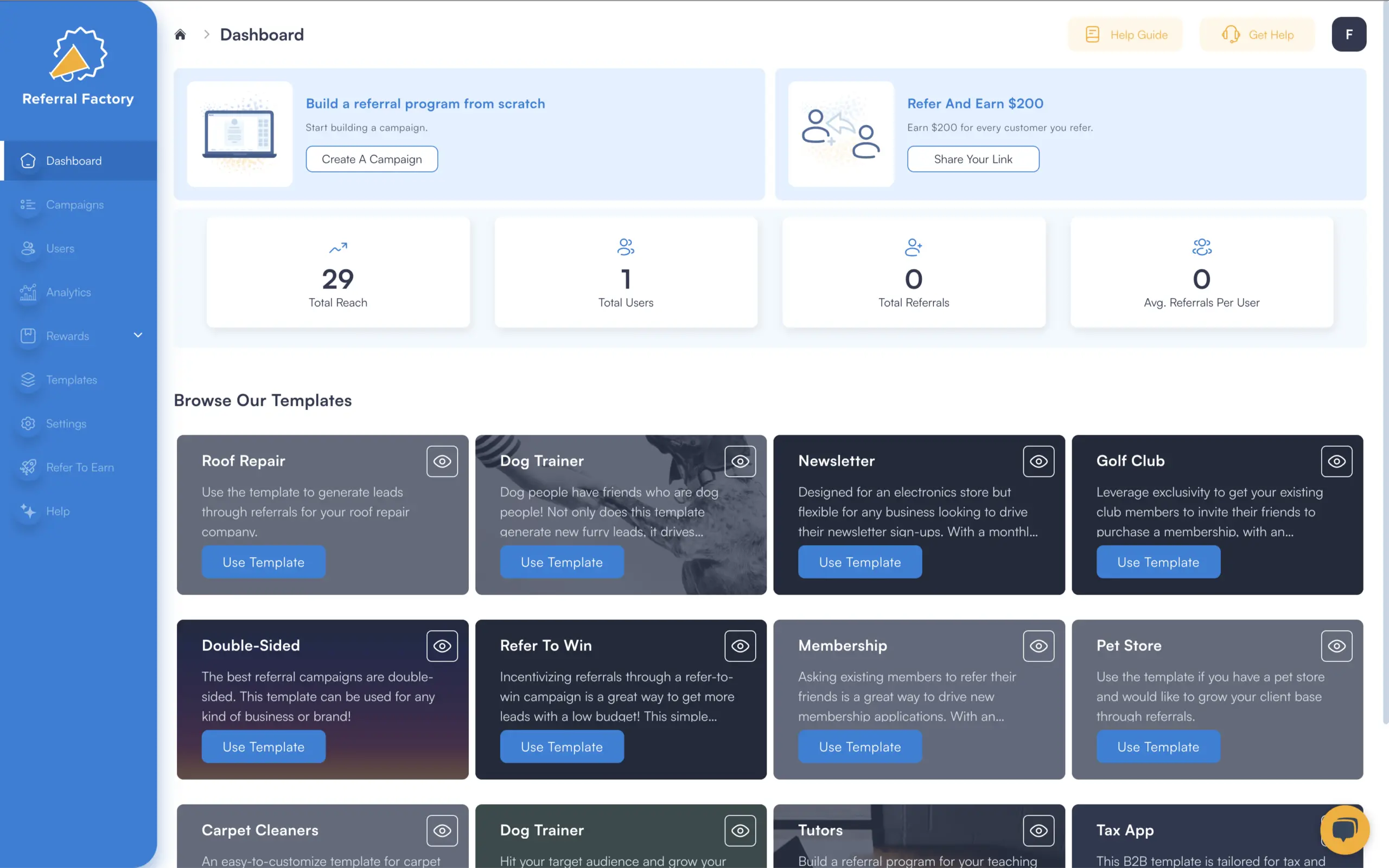 create an affiliate program using affiliate software referral factory dashboard