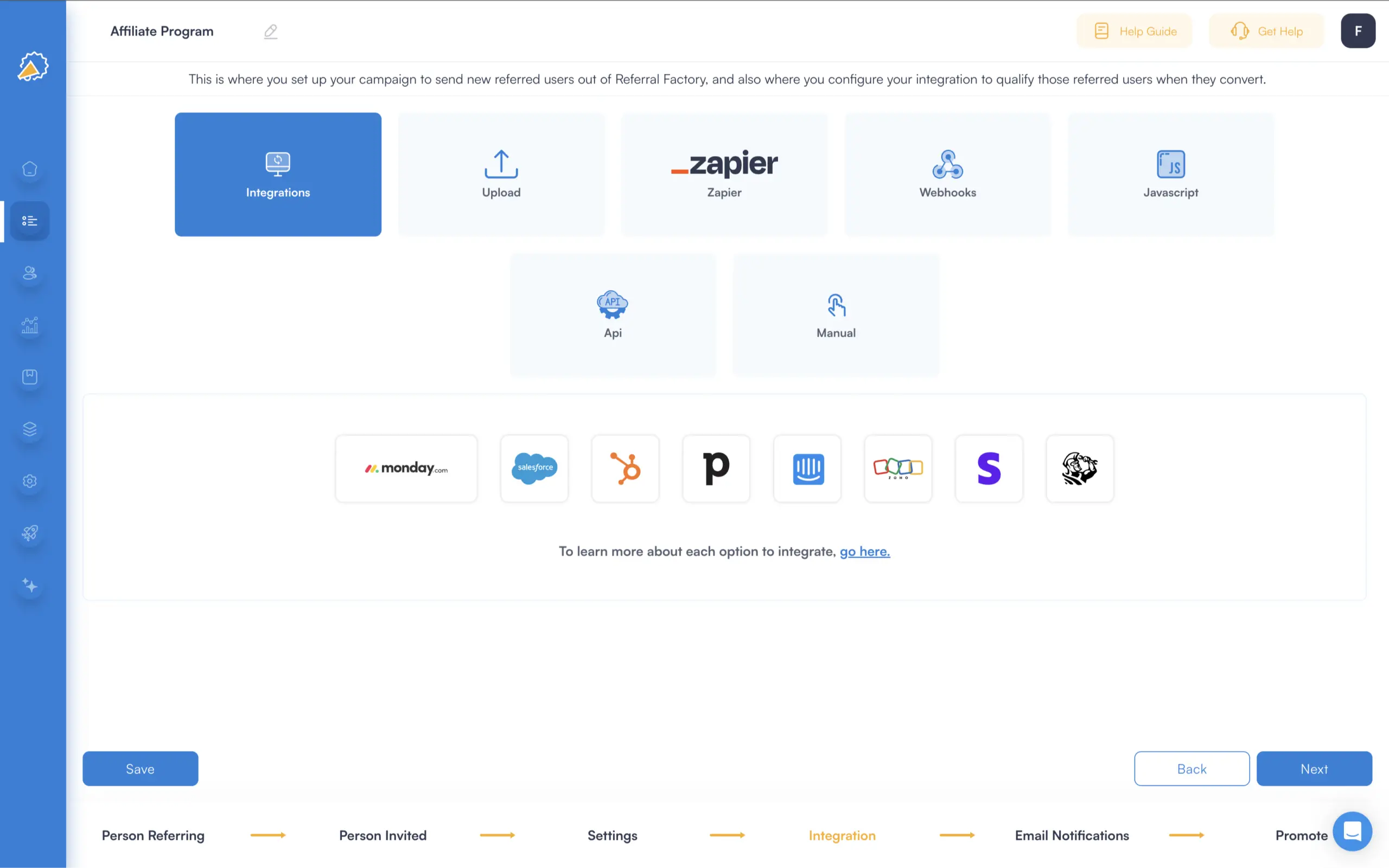 affiliate software integrations referral factory hubspot zoho intercom salesforce monday stripe service titan
