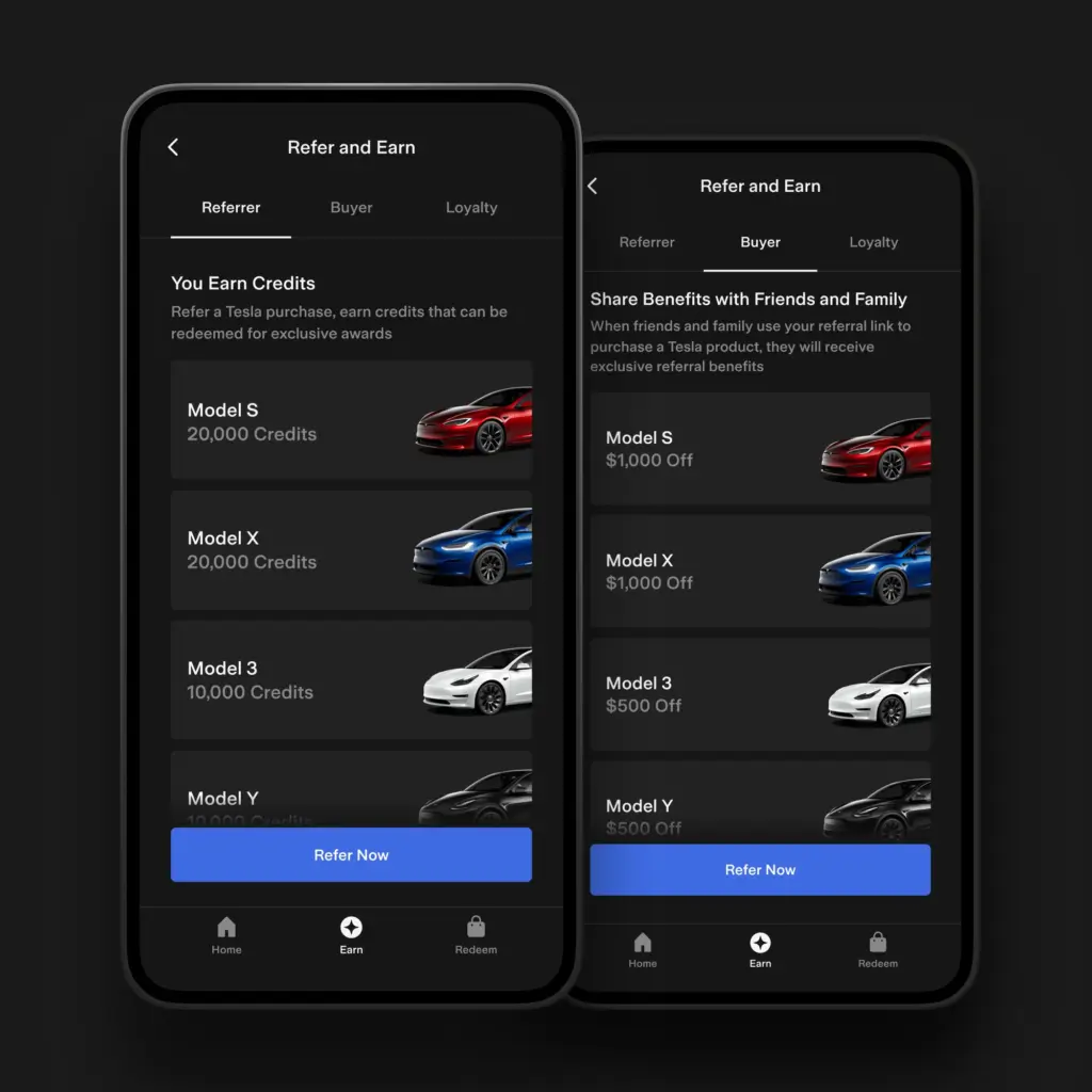 tesla referal program showing refer and earn tabs with referrer and buyer