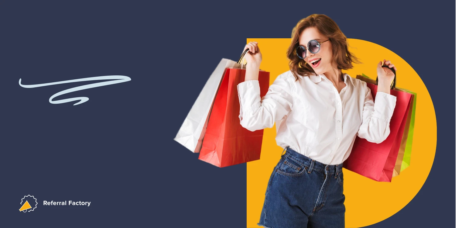 customer referral program happy woman with shopping bags