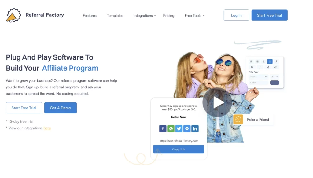 Screenshot of Referral Factory's homepage (referral software for small business)