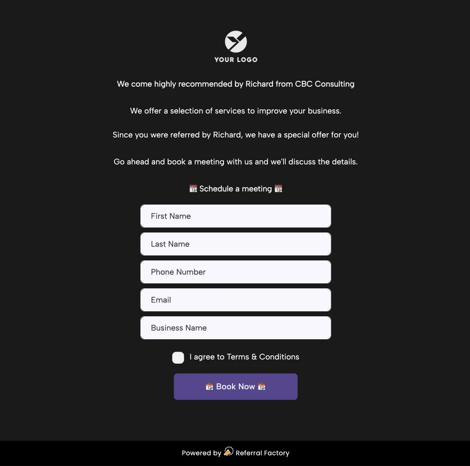 Example of a referral link page for the person invited. Pages like these can be used to facilitate introductions and track finder's fees. 