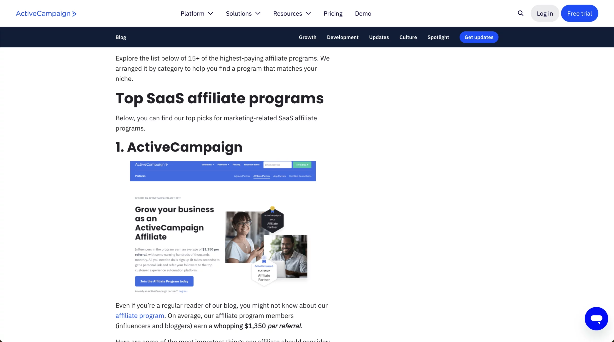 active campaign promoting affiliate program on blog