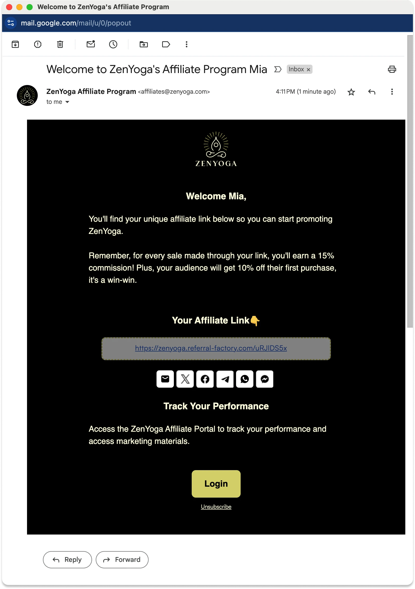 welcome email affiliate program example zenyoga