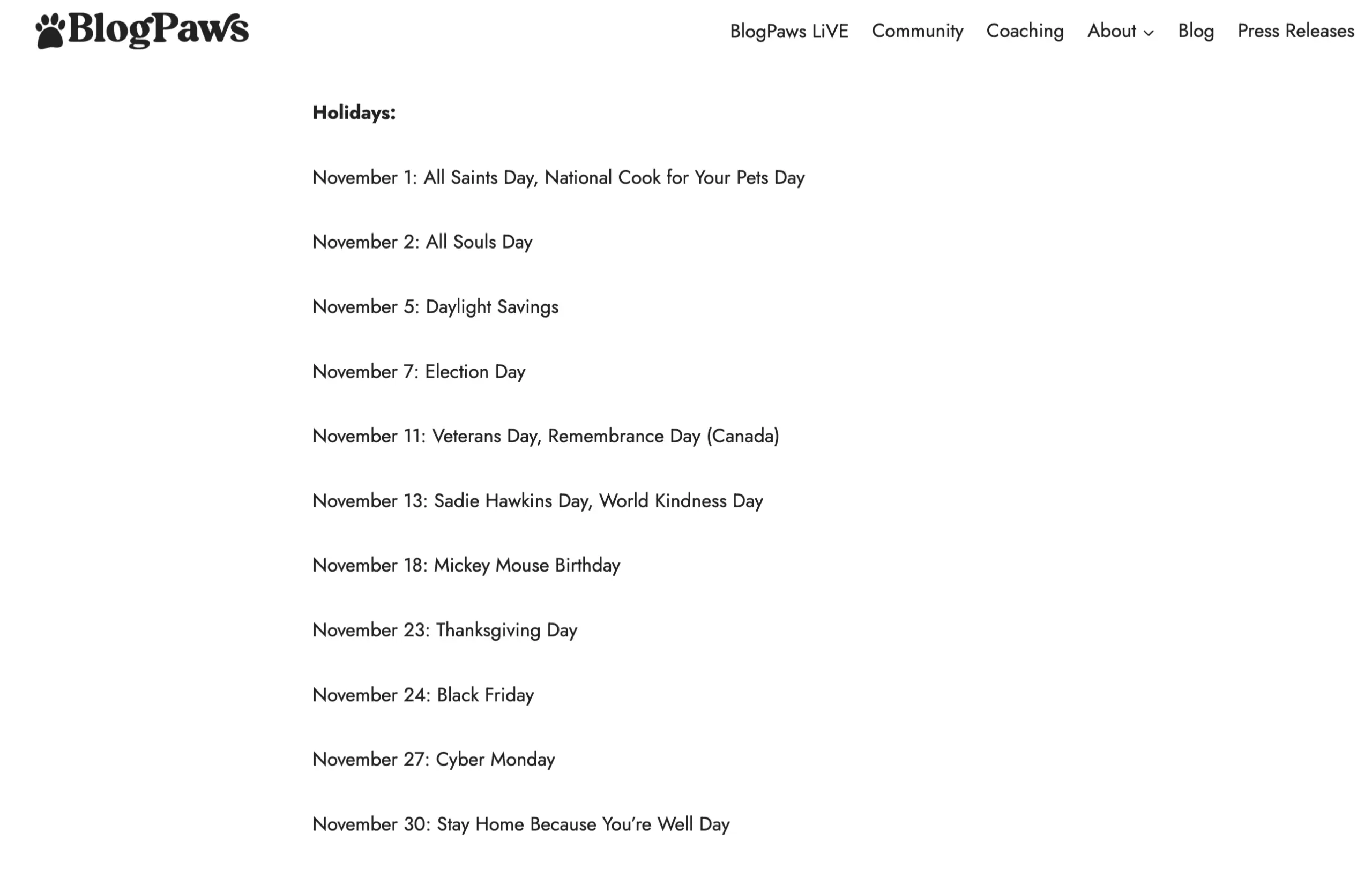 blogpaws list of pet related holidays in November